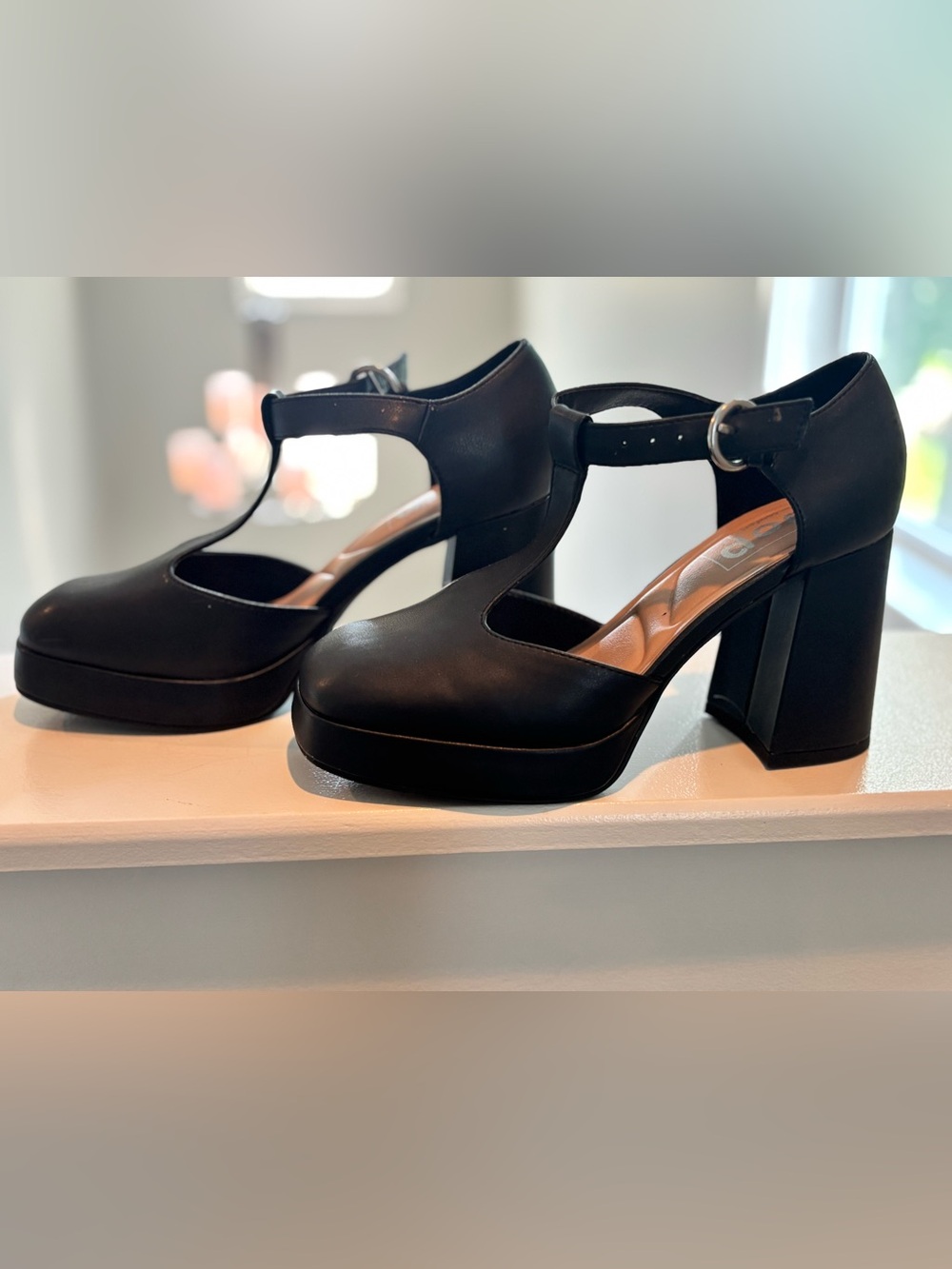 Black T-Strap Platform Block Heels with Buckle. Can be dressed up or down